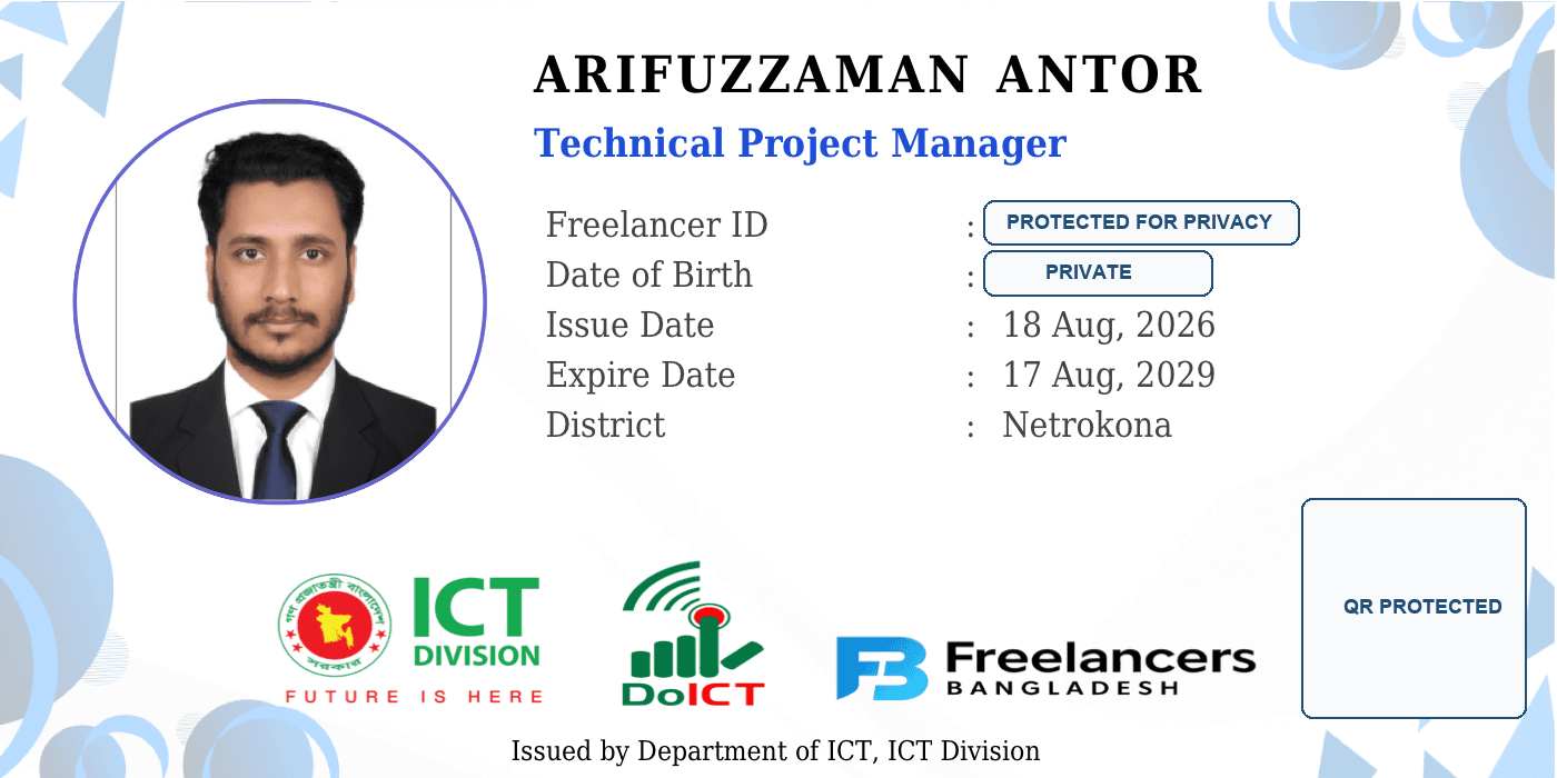 Privacy-safe preview of Arifuzzaman Antor's Freelancer ID issued by Bangladesh's Department of ICT