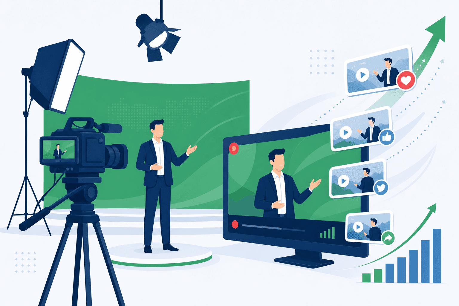 A presenter being filmed in a broadcast studio while social media clips fly out of a screen