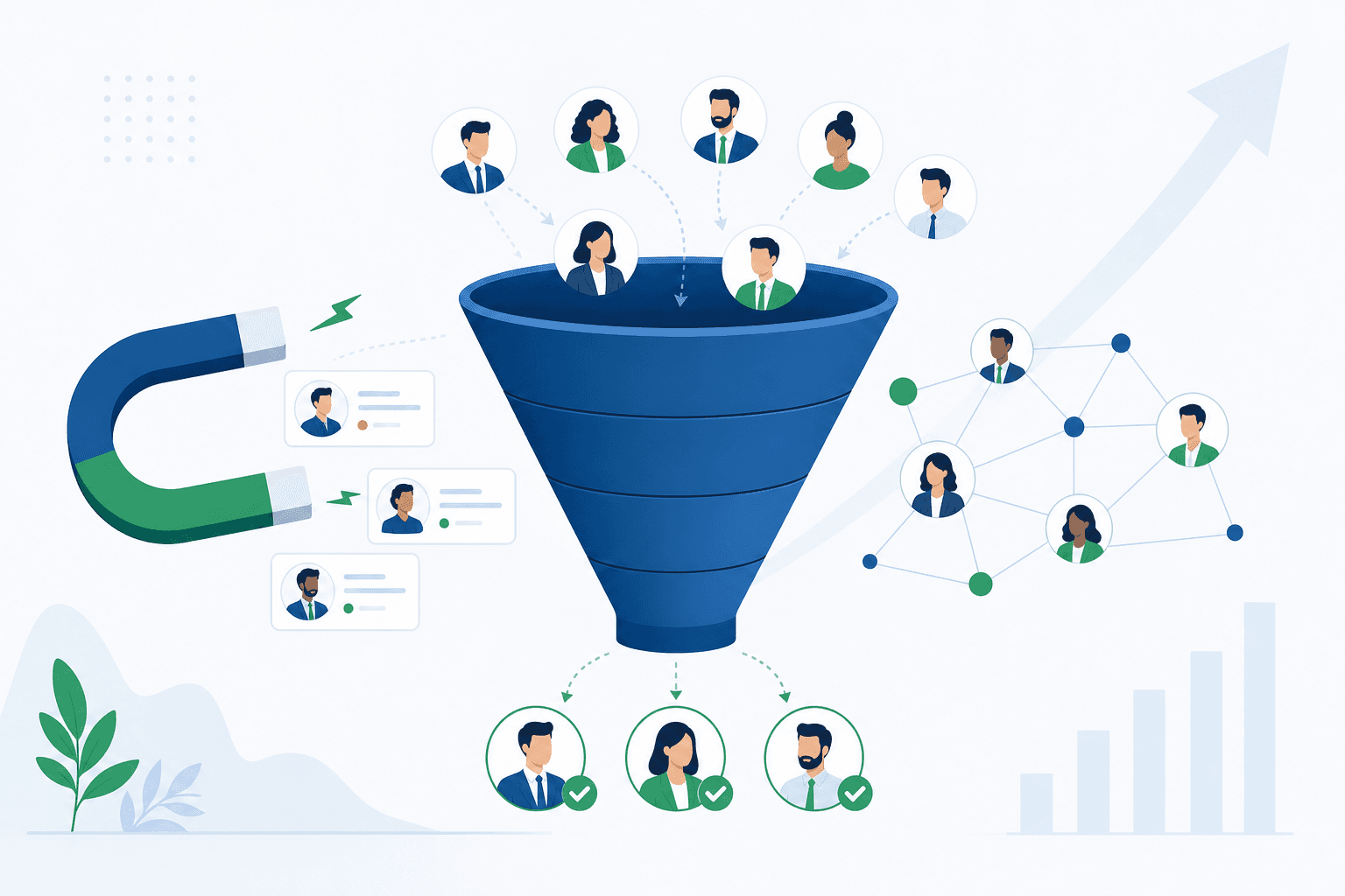 A sales funnel turning many business profiles into qualified leads with green checkmarks