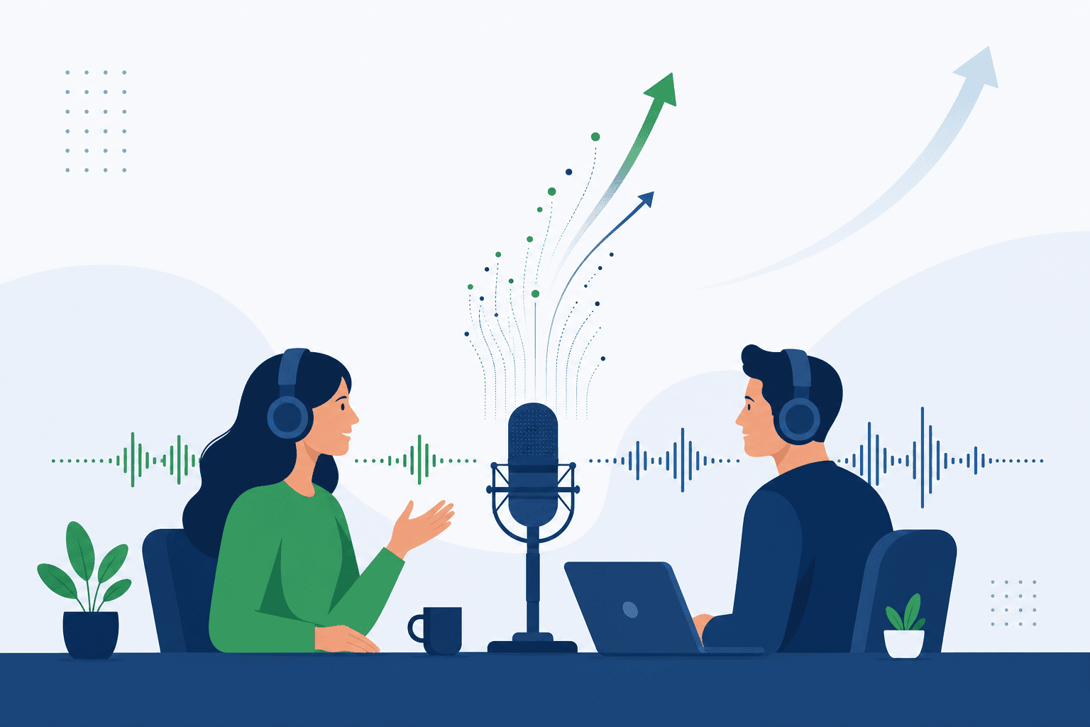 Two people recording a podcast at a studio table with a microphone and rising sound waves