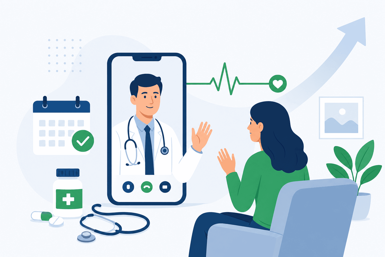 A patient at home on a video call with a doctor, next to a booked appointment calendar