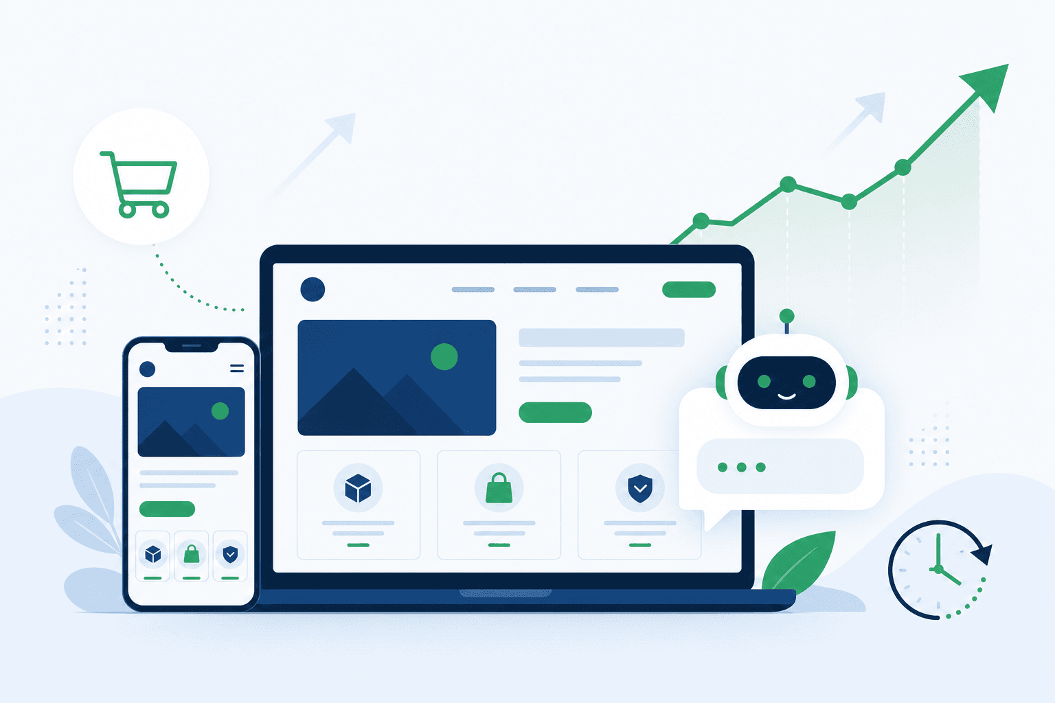 A modern website on laptop and phone with an AI chatbot and a rising conversion chart